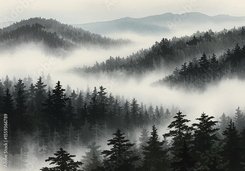 霧に包まれた山々を描いた静謐な水墨画の風景

