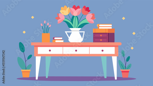 The desk is adorned with a bouquet of fresh flowers adding a touch of elegance and freshness to the space.. Vector illustration