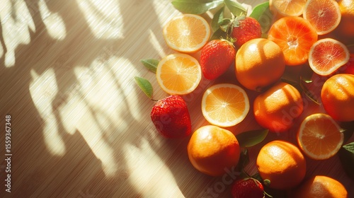 Fresh citrus fruits and strawberries arranged on a wooden surface with soft sunlight casting shadows