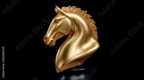 A golden horse head sculpture on a black background, showcasing elegant curves and detailed craftsmanship. photo