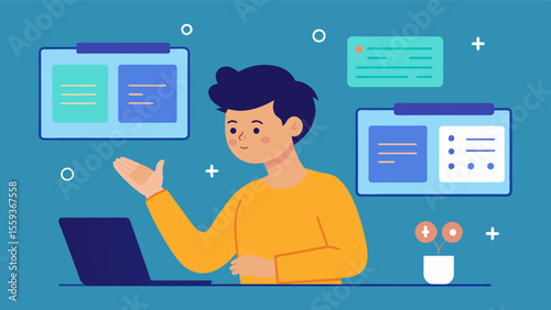 A young adult with dyslexia uses interactive touchscreens to practice reading and writing skills with the exercises changing based on their progress.. Vector illustration
