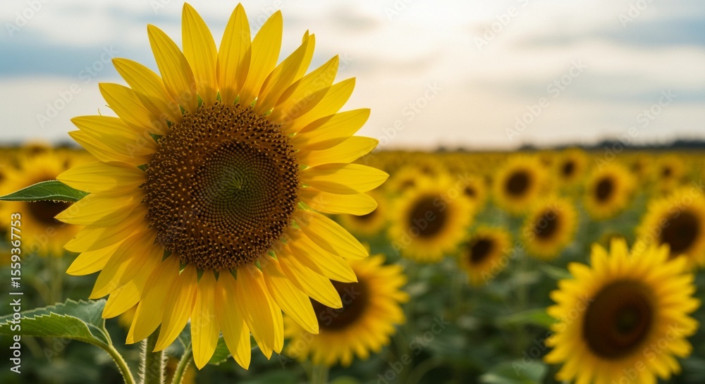Fototapeta premium Sunflower swaying in the wind under a bright summer sky in a golden field