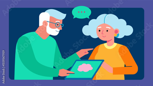 An aging couple works together on a touchscreen engaging in cognitive exercises to stave off symptoms of dementia and keep their minds sharp.. Vector illustration