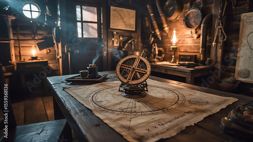 Dark, antique room with nautical instruments and maps.