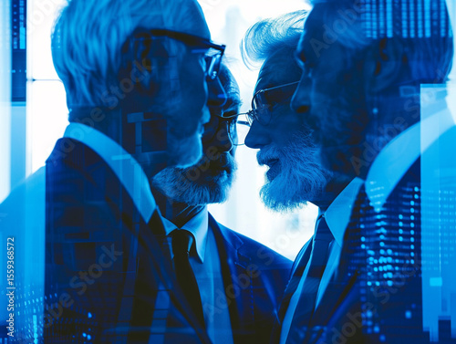 Three people talking in a business conference with a blue Matrix filter 