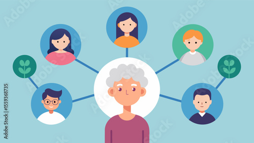 The Ties That Bind As the family tree grows an elderly person feels a deep sense of connection and belonging to their loved ones. The act of creating the tree serves as a reminder. Vector illustration