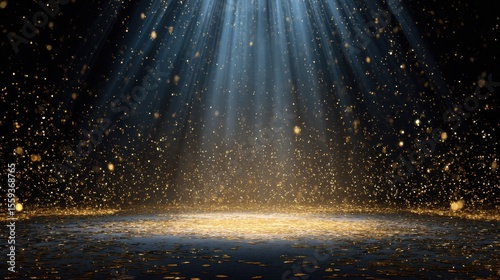 golden confetti rain on festive stage with light beam in the middle, empty room at night mockup with copy space for award ceremony, jubilee, New Year's party or product.