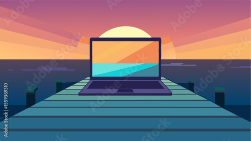 The hazy glow of a summer sunset reflects off the screen of a laptop p on a wooden pier making it difficult to read.. Vector illustration