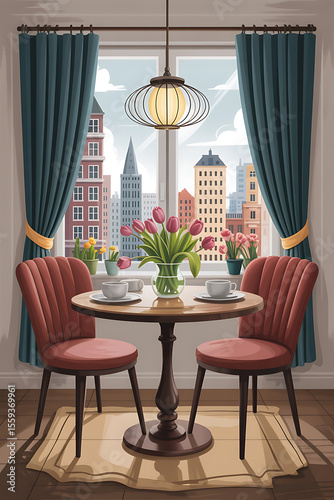 Cozy room with city view, a round table and chairs.
