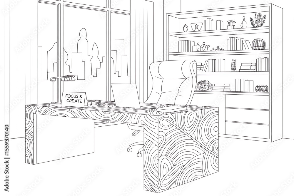 Fototapeta premium Modern office interior, detailed drawing.