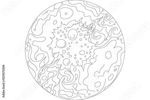 Intricate, stylized drawing of a planet's surface.
