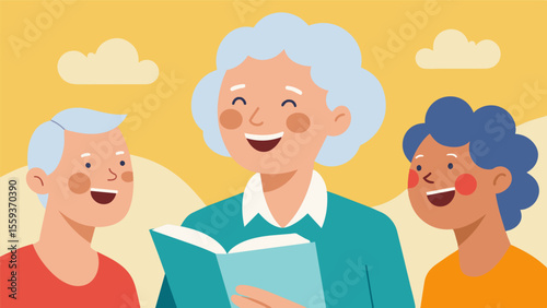 An elderly individual smiling and laughing with their reading group enjoying the company and deep conversations about books. As they engage in social interactions and maintain. Vector illustration