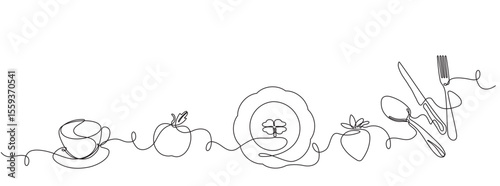 Cooking horizontal pattern.Background with breakfast food and utensils. Continuous drawing style. Vector illustration