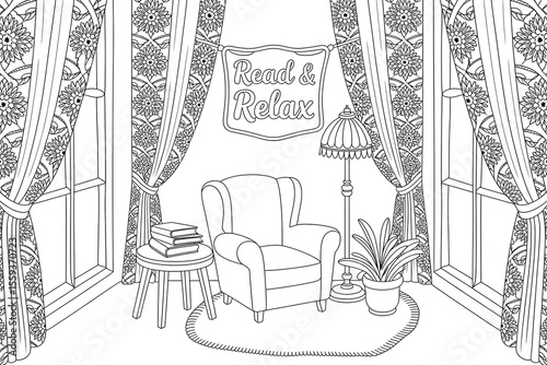 Cozy reading nook with armchair, books, and plants.
