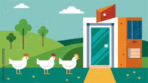 An automated door system allows chickens access to the outside pasture during specific times of the day for foraging and exercise.. Vector illustration