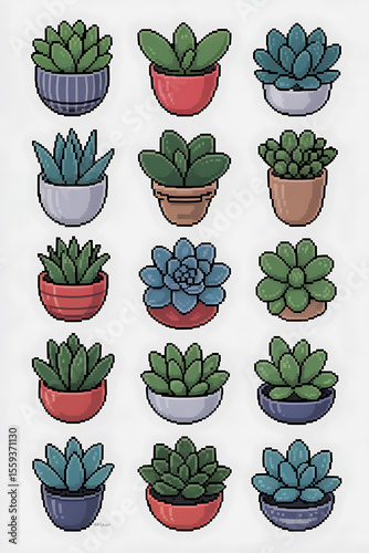 Succulents in various pots, pixel art style.
