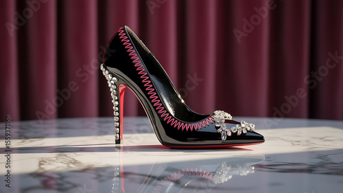 Black high-heeled shoe, sparkly embellishments, red stitching.
