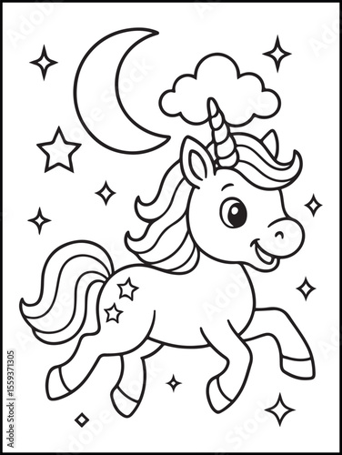 Magical Unicorn Coloring Page – Happy Unicorn with Moon and Stars for Kids
