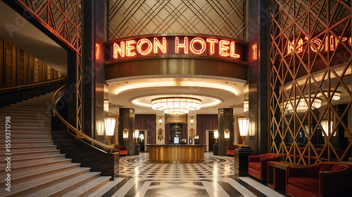 Grand hotel lobby, neon sign, Art Deco style.
