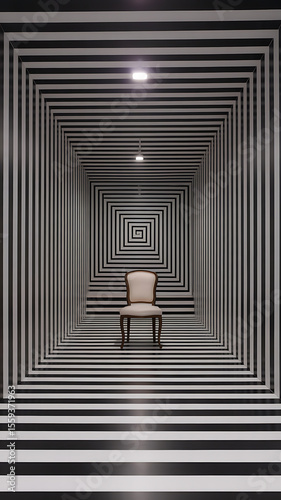 Empty room, a single chair, optical illusion, black and white stripes.
