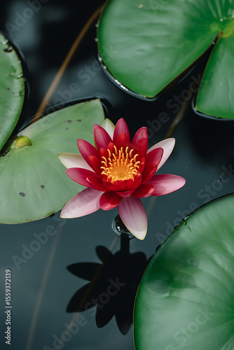 Radiant pink lotus flower atop dark water.
