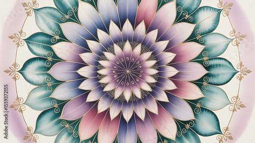 Ornate mandala, vibrant floral design, symmetrical patterns.
