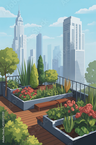 Urban rooftop garden, lush greenery, city view.
