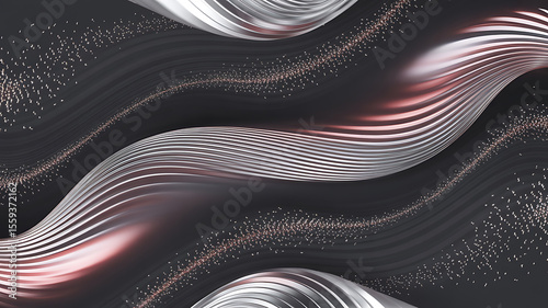 Abstract design, flowing metallic waves in silver and rose gold.
