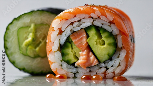 Single Salmon Sushi Roll Isolated on White