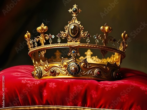 A golden crown, adorned with jewels, resting on a velvet pillow, royal and luxurious style.