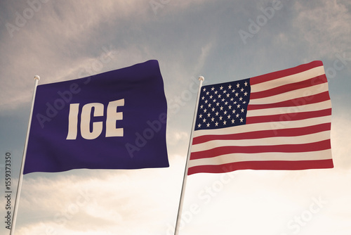 Spectacular ICE flag next to the United States of America flag waving against a background of clouds and blue sky.3D render, 3D illustration.