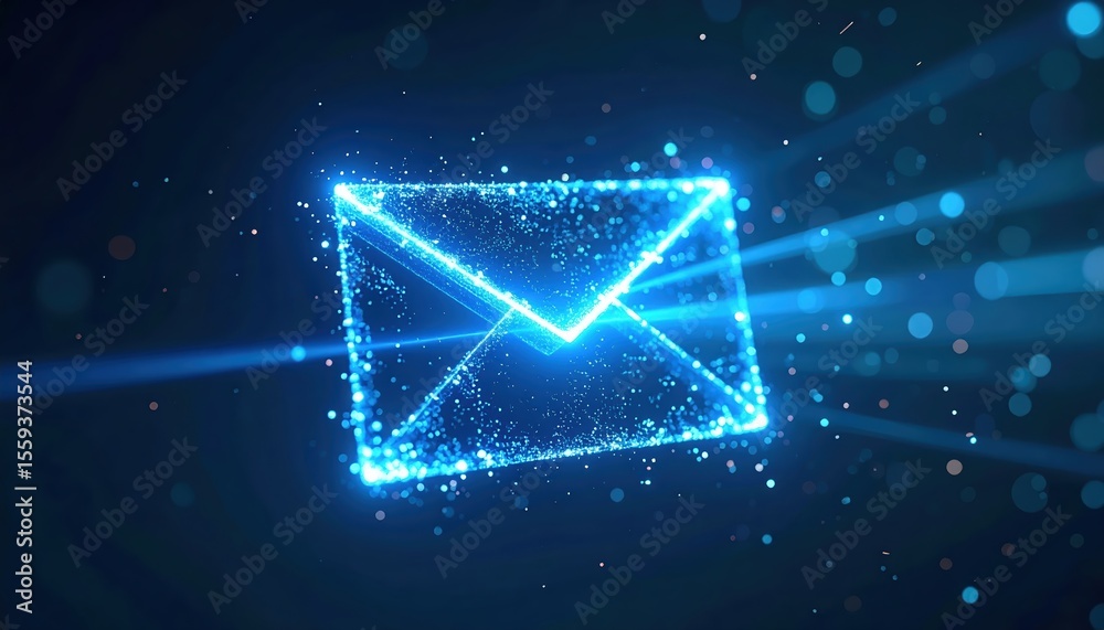 Fototapeta premium Glowing digital envelope icon representing secure online email communication with bright particles and dynamic motion in a futuristic technology style