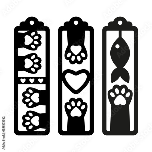 Vector vertical bookmarks designs with cat paw pattern for pet lovers. Funny laser cut template with cute animals. Decorative bookmark stencil for paper, wood and metal cutting