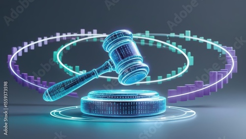 Digital holographic representation of a judge's gavel and sound block with virtual s and futuristic data elements symbolizing justice law and legal proceedings