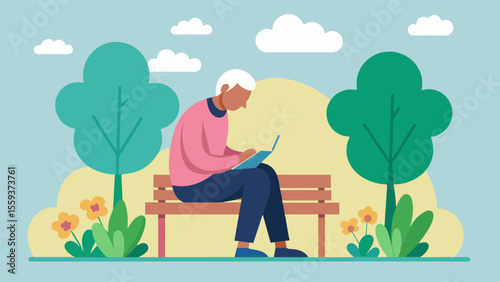 Sitting on a park bench an elderly person sketches the surrounding trees and flowers taking in the beauty of nature while improving their eyehand coordination and spatial. Vector illustration