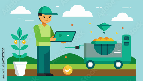 An illustration of a smart fertilizer spreader adjusting application rates based on soil type crop needs and nutrient levels.. Vector illustration