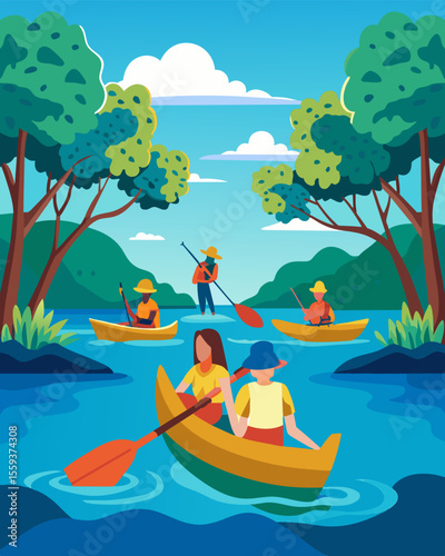 A guided kayaking tour takes visitors through a mangrove forest educating them on the importance of preserving this vital ecosystem.. Vector illustration