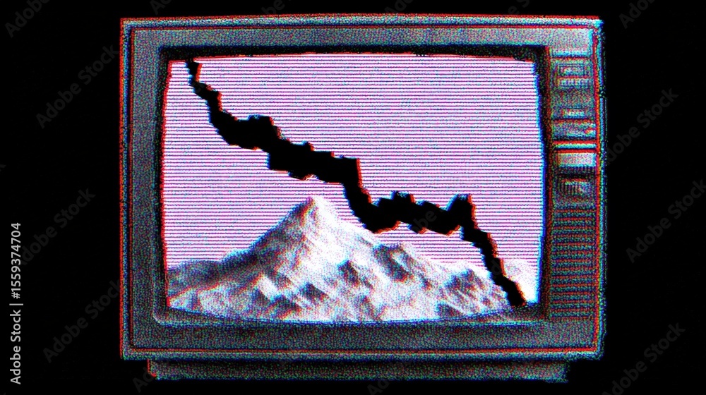Fototapeta premium A vintage TV displays a snowy mountain with a crack across the screen, creating a retro glitch effect against a pink background.