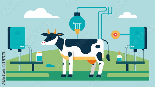 An illustration of a robotic milking system equipped with sensors to detect abnormalities in milk production and automatically alert farmers to potential health issues in their. Vector illustration