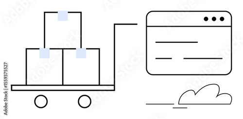 Cart loaded with boxes connected to a digital web interface symbolizing online logistics, supply chain, and shipping. Ideal for ecommerce, delivery, inventory management, warehousing, automation