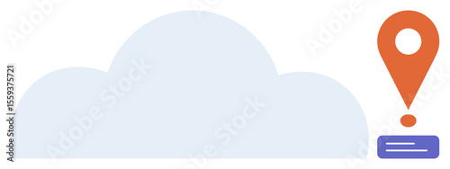 Large gray-blue cloud next to an orange location pin over a purple base. Ideal for cloud computing, navigation, digital solutions, technology, mapping, apps, or data storage. Simple flat metaphor
