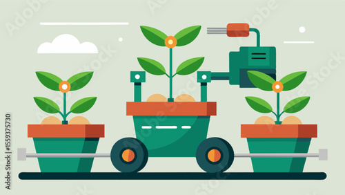 A selfcleaning mechanism built into robotic planters reducing the risk of disease or contamination and increasing crop quality.. Vector illustration