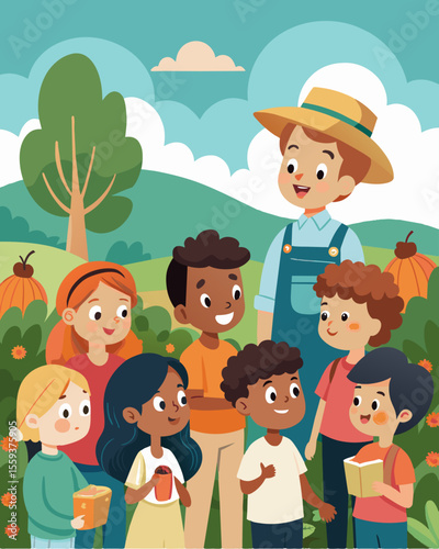 A group of children on an educational tour of an organic farm learning about sustainable farming practices and the importance of caring for the environment.. Vector illustration