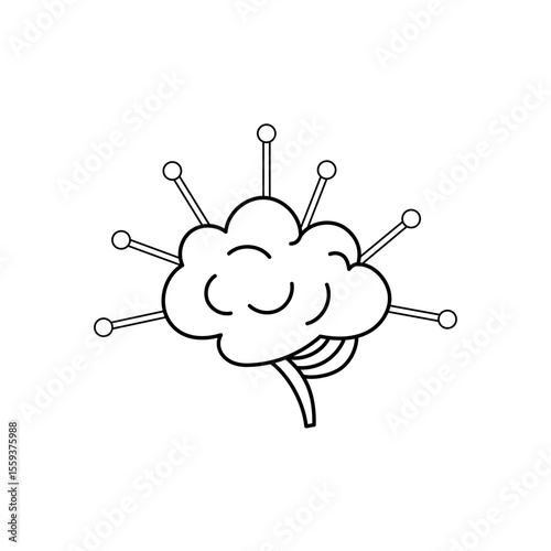 Stylized neural brain in line art format. Minimal tech vector drawing.