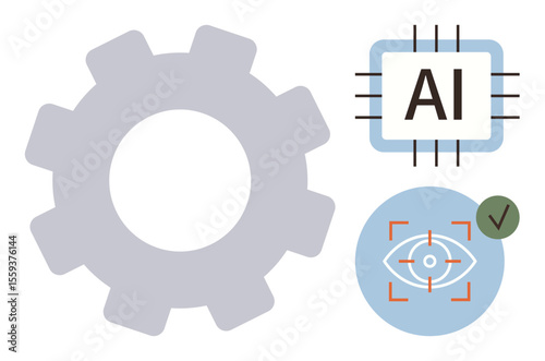 Gear representing technology, chip labeled AI, and vision recognition mark highlight artificial intelligence, data processing, and automation ideas. Ideal for innovation, analysis, software