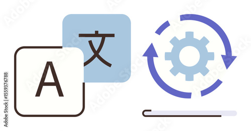 Letter A and character in square blocks with gear and arrows representing language translation, automation, and system update. Ideal for software, globalization, communication, innovation, education