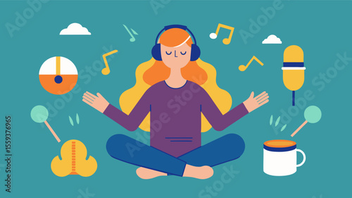 Sensory Music Therapy A person listening to soothing music while using percussion instruments to engage in rhythmic activities promoting relaxation and emotional expression.. Vector illustration