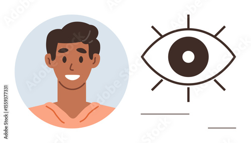 Young man smiling inside a circle frame beside a simple eye graphic with radiating lines. Ideal for communication, awareness, vision, focus, identity, mindfulness, personal growth. Simple flat