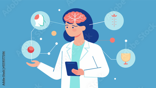 Using advanced brain imaging technology a scientist carefully maps out the different regions and networks of the brain seeking to understand how they function and how they are. Vector illustration