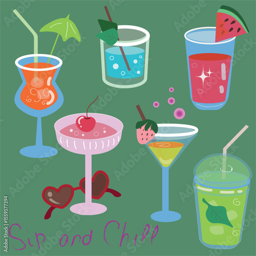 Colorful summer cocktail collection – flat vector set